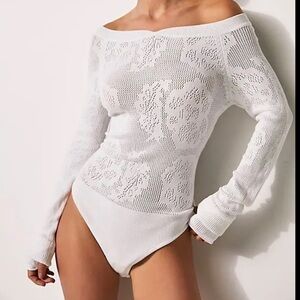 NWOT Free People Intimately “Off Your Game” Floral Net Bodysuit – White